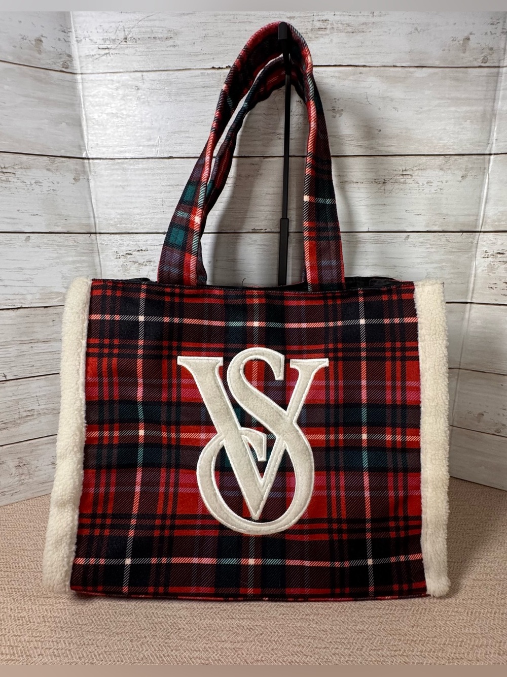 Victoria’s Secret | Plaid Sherpa Trim Tote | Shoulder Bag | One Size | Red Black